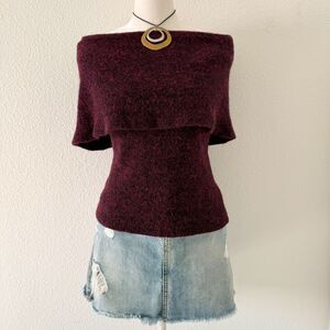 90s Cozy Burgundy Off-Shoulder Knit Short Sleeve Sweater Chic Elegant Preppy L